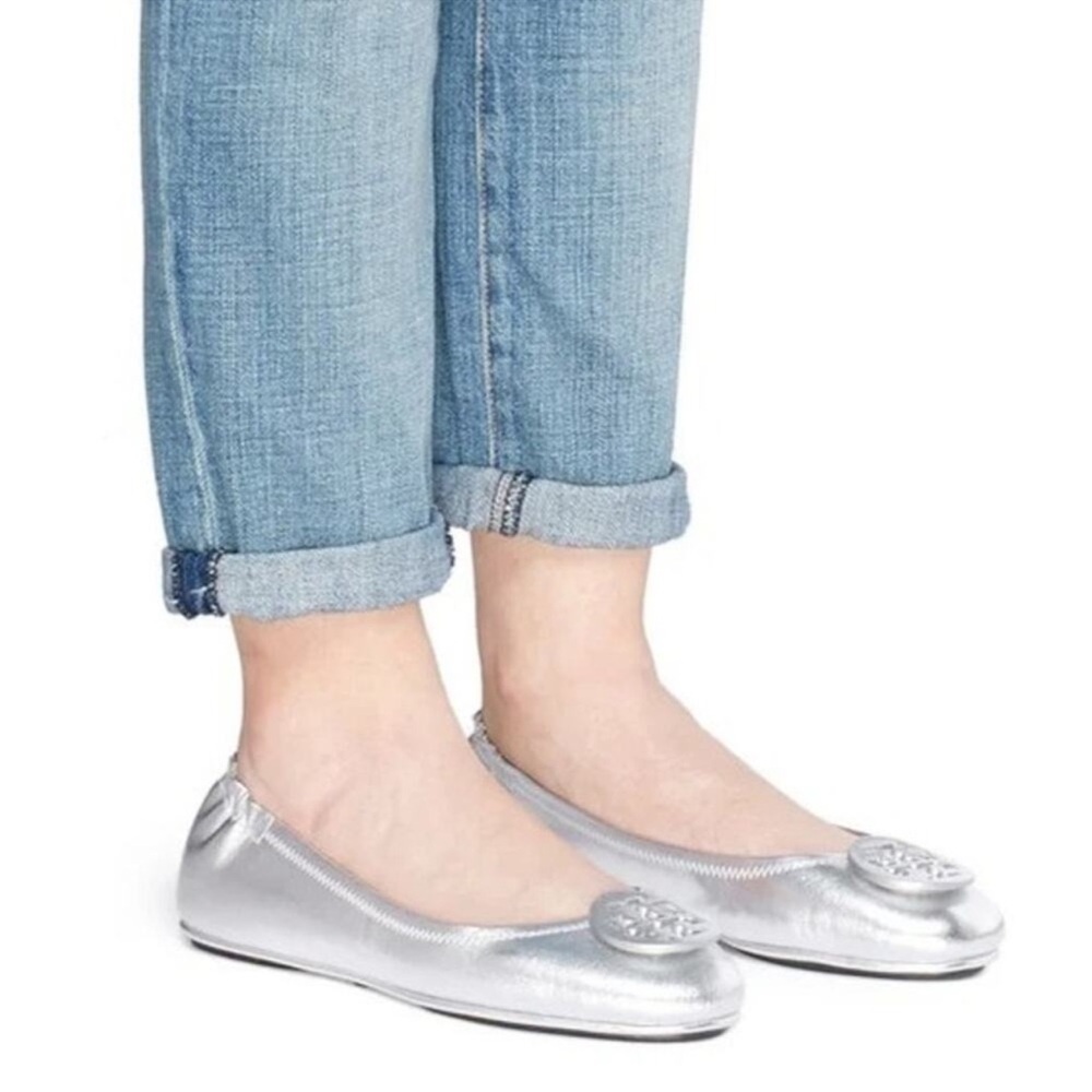 Tory Burch Minnie Travel Ballet Flats Slip On Leather Metallic Silver Size 9.5